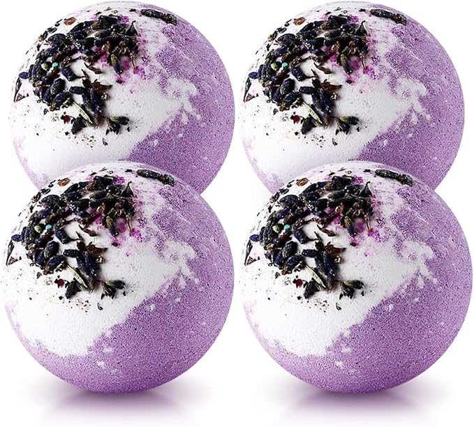 Dried Flower Bath Bombs Salt Balls,4-Pack Gift Set,Lavender Extract Essential Oils,Moisturizing Dry Skin,Fizzy Spa,Relaxation,Self Care,Relaxing,Bubble Bath Bomb Gifts Idea for Men Women