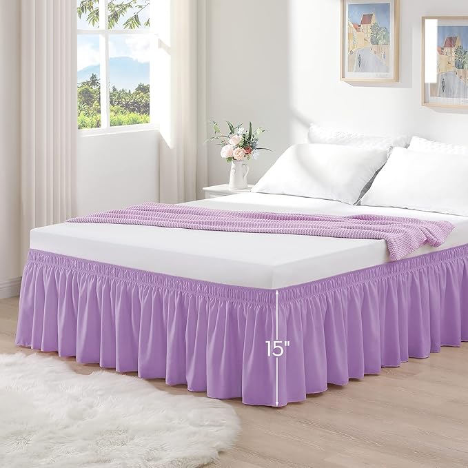 RIMELA Lilac Purple Bed Skirt Queen Size 15 Inch Drop Elastic Wrap Around Dust Ruffle Solid Bedding Bedskirt Soft Microfiber Fabric Machine Washable Easy to Install