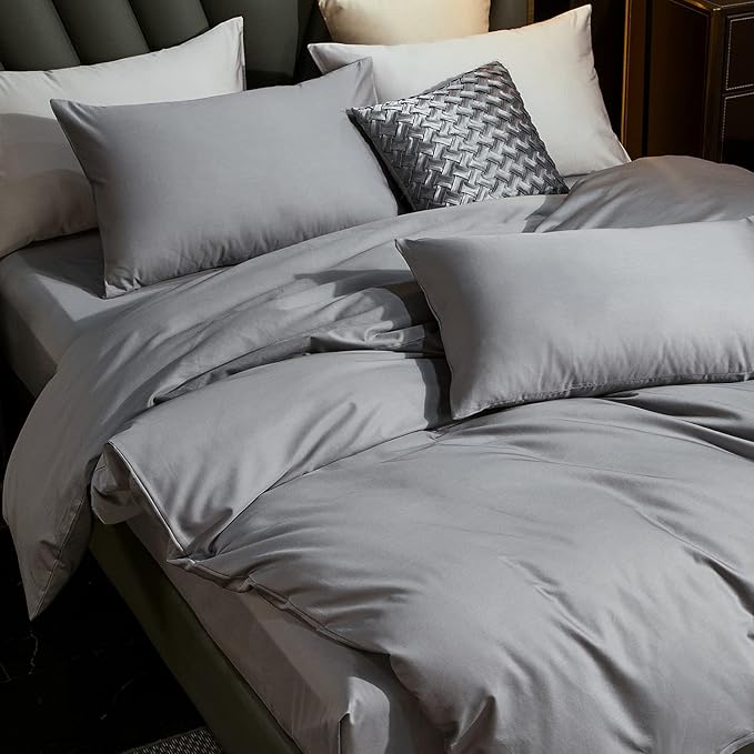 MooMee Duvet Cover Set 100% Extra Long Staple Cotton 600 Thread Count Silky Sateen Smooth Luxury Soft Breathable Durable Hotel Quality Bedding, 3 Pieces (Light Gray, King 104"x90")