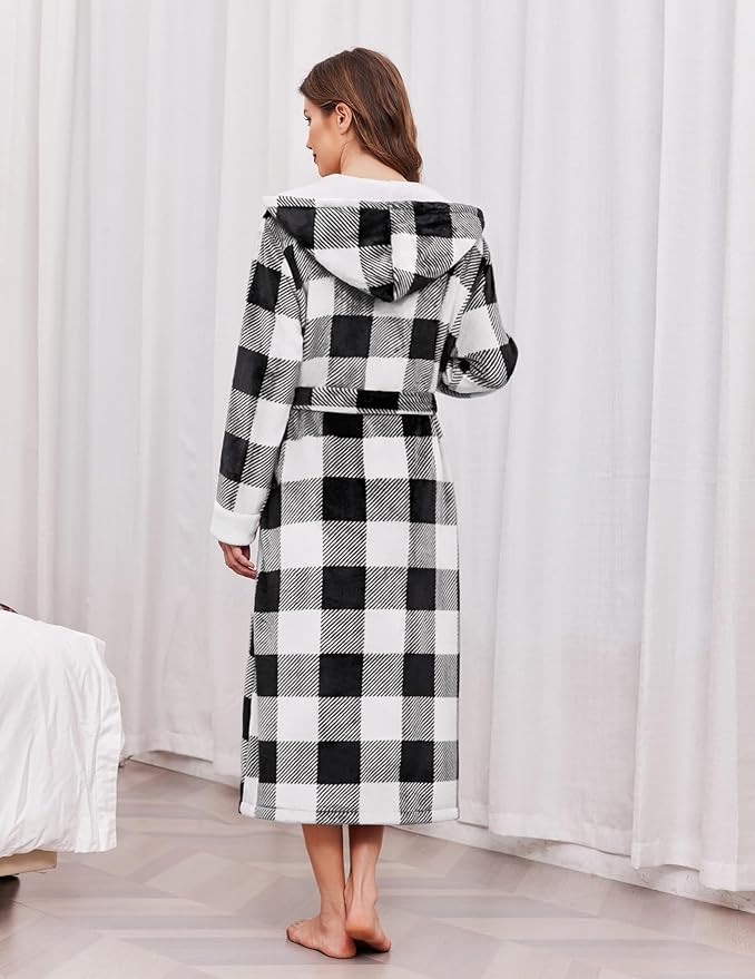 Ekouaer Womens Plush Robes Long Soft Jacquard Fluffy Bathrobe Hooded Robe Sleepwear with Pockets