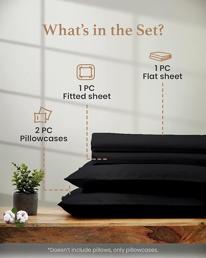 Good Sleep Bedding Twin Sheets - 100% Egyptian Cotton Twin Sheet Set, 3Pc, 1000 TC, Sateen Weave, Hotel Quality Sheets Twin Size Bed Set, Soft, 16" Deep Pocket Twin Sheets - Black Twin Bedsheets