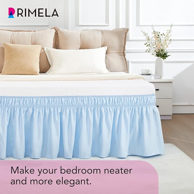 RIMELA Light Blue Bed Skirt King Size 15 Inch Drop, Elastic Bed Skirting for Bed Base and Frame, Bedding Dust Ruffle Easy to Install, Lightweight Wrap Around Adjustable Bedskirt