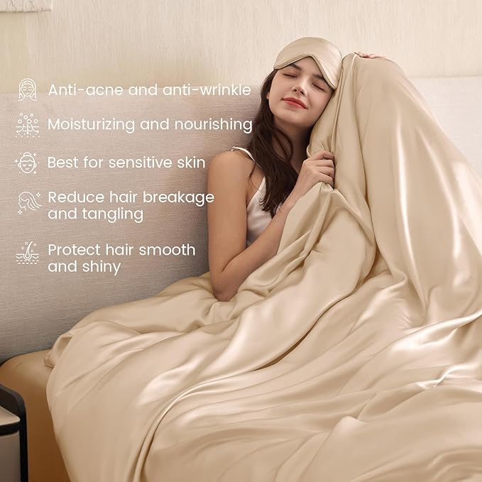 THXSILK 100% Pure Mulberry Silk Duvet Cover Set 3 Piece, 6A+ Grade Luxury Soft Bedding Silk Sheets for Hair and Skin, 1 Pcs Duvet/Quilt/Comforter Cover with 2 Zippered Pillowcases (Champagne, Full)