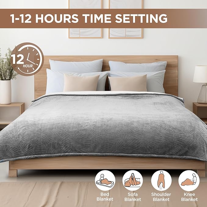 Westinghouse Electric Blanket King, Flower Jacquard Heated Blanket King Size with 10 Heating Levels and 1-12 Hours Auto-Off, Flannel to Sherpa Reversible, Machine Washable (90" x 100", Light Grey)