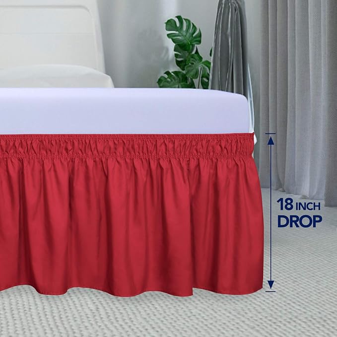 PureFit Wrap Around Ruffled Bed Skirt with Adjustable Elastic Belt - 18 Inch Drop Easy to Put On, Wrinkle Free Bedskirt Dust Ruffles, Bed Frame Cover for Twin,Twin XL and Full Size Beds, Red