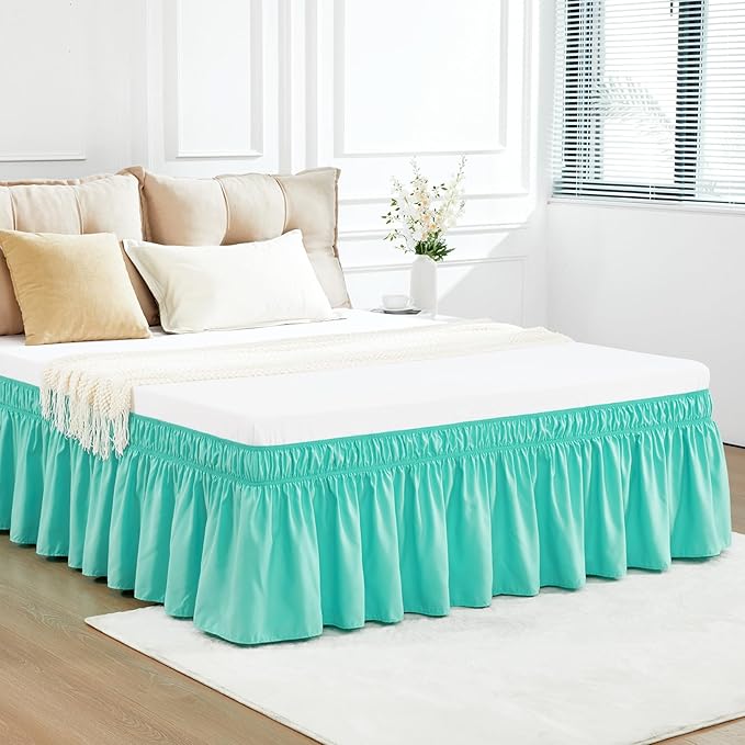 RIMELA Spa Blue Bed Skirt King Size 18 Inch Drop, Elastic Bed Skirting for Bed Base and Frame, Bedding Dust Ruffle Easy to Install, Lightweight Wrap Around Adjustable Bedskirt