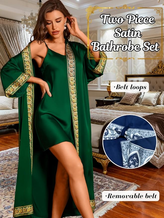 Satin Robe Sets For Women, 2-PC Lightweight Bathrobe, Silk Sleepwear Kimono Bridesmaid Sexy Robes