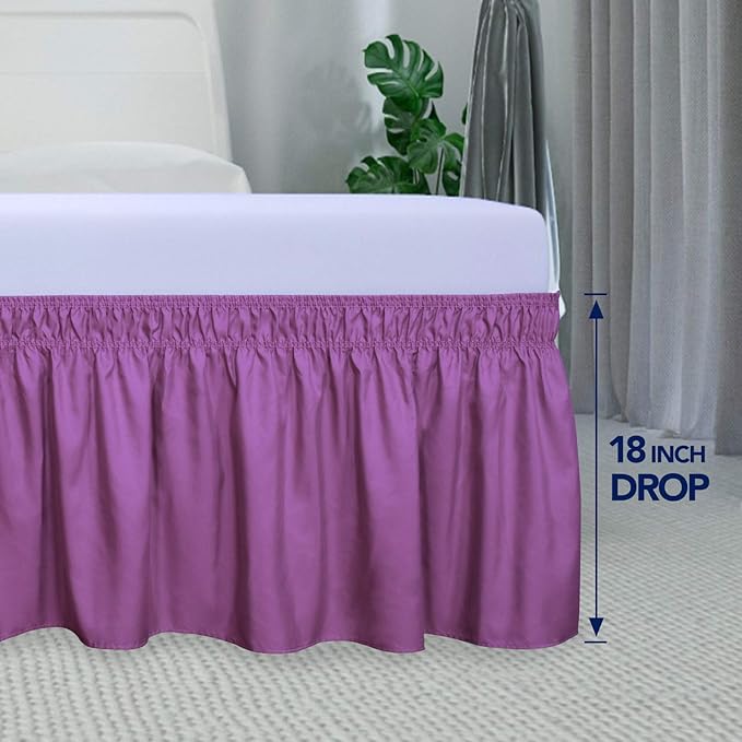 PureFit Wrap Around Ruffled Bed Skirt with Adjustable Elastic Belt - 18 Inch Drop Easy to Put On, Wrinkle Free Bedskirt Dust Ruffles, Bed Frame Cover for Queen, King and C-King Size Beds, Purple