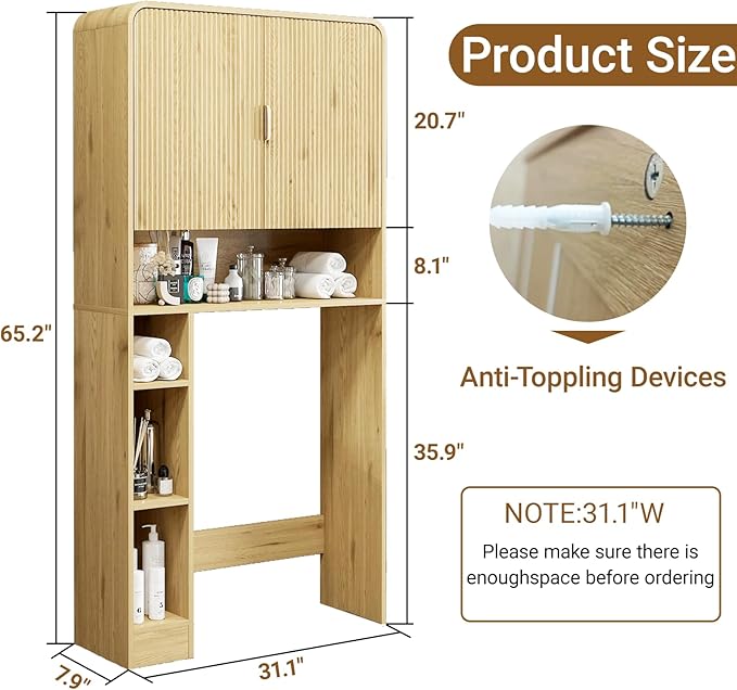 Over The Toilet Storage Cabinet, Farmhouse Bathroom Organizers and Storage with Fluted Doors & 8 Storage Compartments，Home Space-Saving Toilet Rack, for Bathroom, Restroom and Laundry