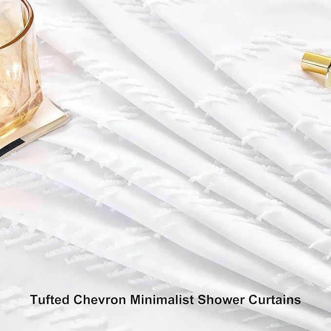 Extra Long Shower Curtains 72 x 84 Inches Tufted Chevron White Shower Curtains Fabric for Bathroom Modern Shabby Chic Waterproof Cloth Shower Curtain