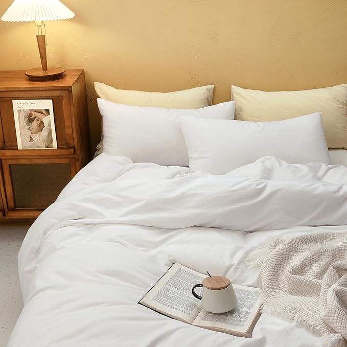 FOSSA White Duvet Cover Set, 100% Washed Cotton Linen Feel Super Soft Breathable Cozy 3 Pieces Bedding Sets Solid Off White Oversized Queen