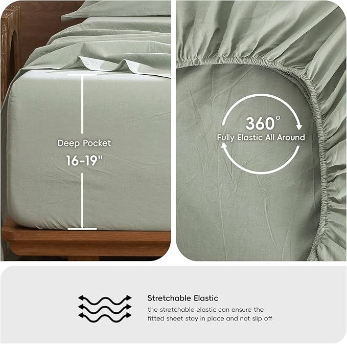 MooMee Bedding Sheet Set 100% Washed Cotton Linen Like Textured Breathable Durable Soft Comfy (Heathered Sage Green, King)