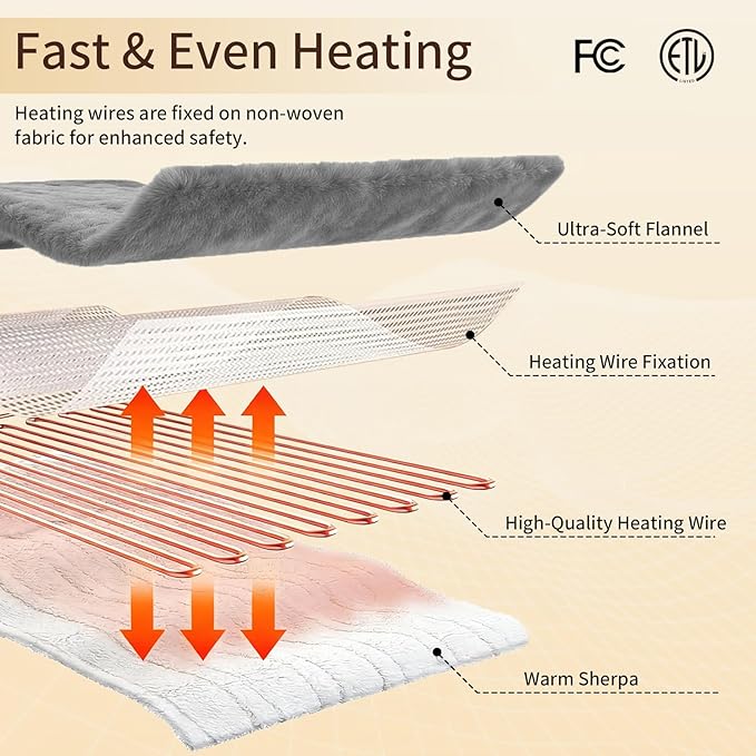 Electric Heated Blanket Twin 62''X84'', Soft & Cozy Fast Heating Blanket with 9 Heat Settings & 2-10 Hours Auto Off, ETL Certified & Overheat Protection,Gift for Grandma, Light Gray