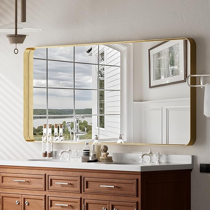 VooBang Bathroom Mirror 30x56 inch, Golg Gorgeous Deep Frame Wall Mirror with Shatterproof Tempered Glass, Modern Bathroom Vanity Mirror for Over Sink Hanging Horizontal or Vertical, Gold