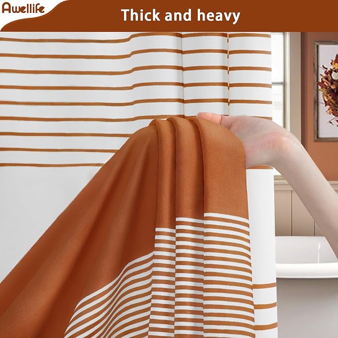 Awellife Boho Orange Shower Curtain for Bathroom Farmhouse Cotton Stripe Tassel Shower Curtain Natural Texture 72" L x 60" W