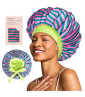 Floral Satin Bonnet For Sleeping Women Double Layer Pleated Design Adjustable Shower Cap For Curly Hair Pink Green Stripes