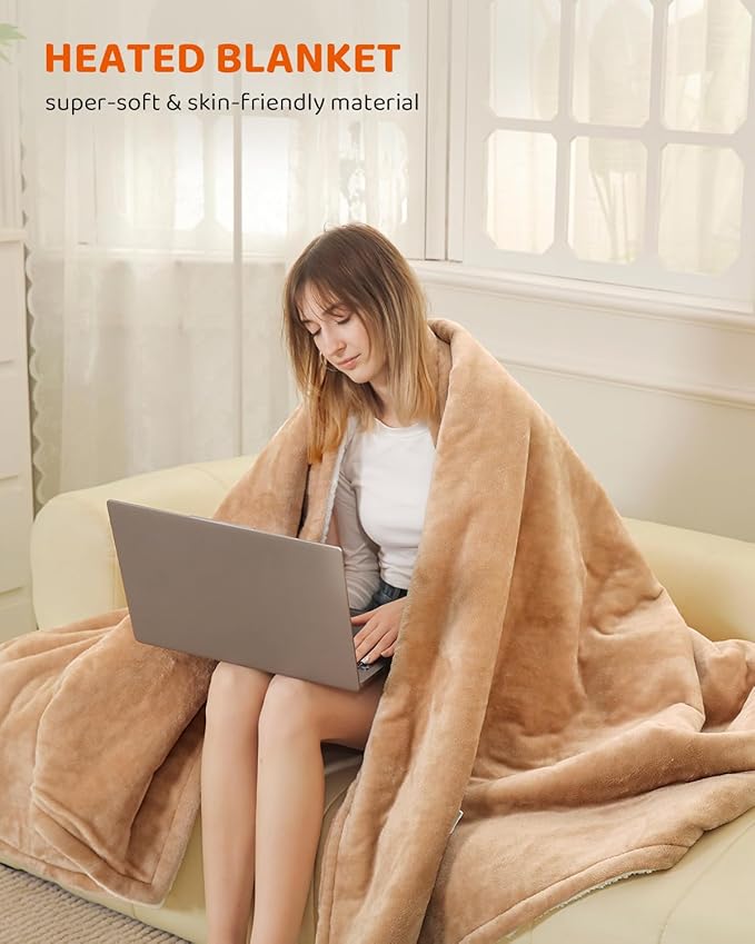 Electric Heated Blanke Throw Size, Super Soft Cozy Upgraded Flannel Heating Blanket with 9 Heating Levels & 1-9 Hours Auto Off, Fast Heat & Overheat Protection, 50" x 60", Khaki