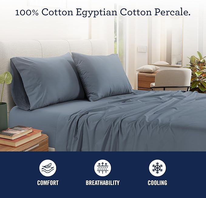 IZOD 100% Egyptian Cotton Sheets Set Full Size, Cotton Percale Crisp Sheet Set 4Pc, Lightweight & Deep Pocket fits Upto 17", Long-Staple Soft Combed, Hotel Style Luxury Bedding Sheet - Blue Slate
