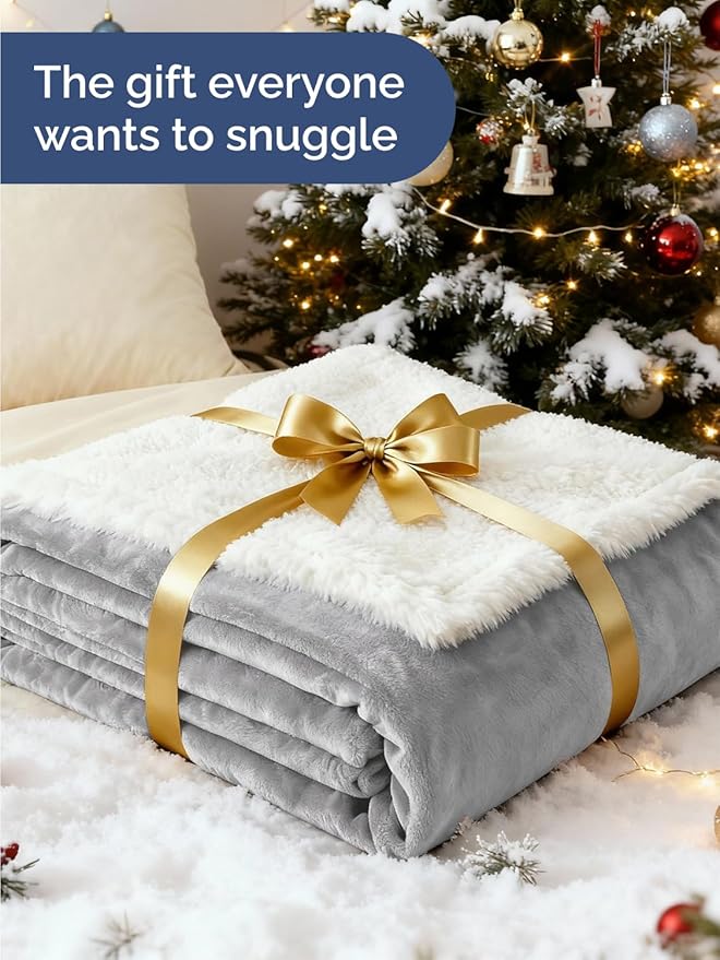Sherpa Fleece Blanket Throw Size - Reversible Sherpa Fleece Throw Blanket - Super Soft Double Sided for Bed, Sofa, Couch - Thick, Warm, Fuzzy & Plush - Luxurious Bedding for Winter - Grey, 50" x 60"