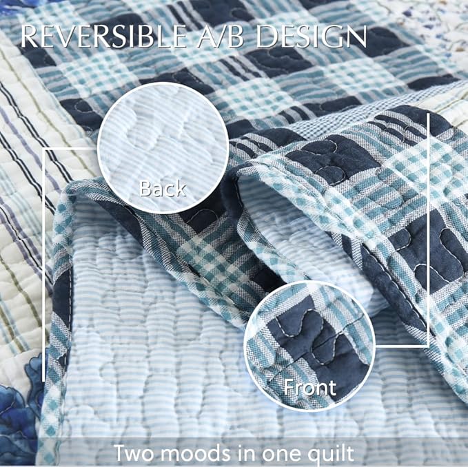 Cotton Bedspread Quilt Bedding Sets 3 Pieces Reversible Coverlet Sets Comforters Rustic Floral Patchwork Blue White Bedspread, King Size