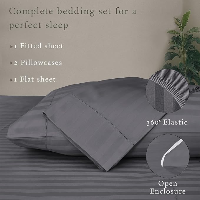 Threadmill 500 Thread Count King Size Damask Stripe, 4 Pc Luxury Cotton Sheet Set, Silky Soft & Breathable Dark Grey Sheets with 16" Elasticized Deep Pocket, 2 Pillowcases & Free Tote Bag