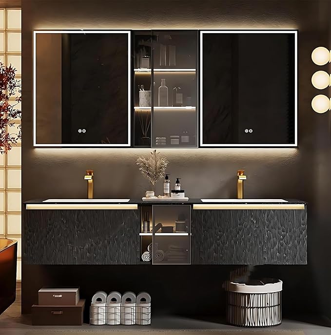 64" Double Bathroom Sink Vanity, Modern Bathroom Vanity Includes LED Smart Defogging Mirror Cabinet & Semi-Open Storage & Ceramic Basin, Floating Bathroom Cabinet with Sensor Light (Charcoal Grey)