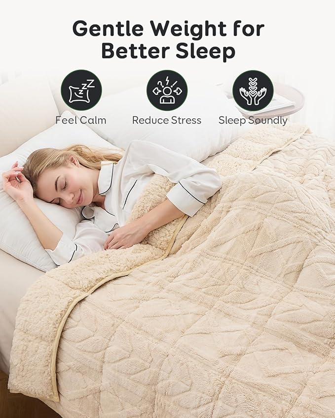 Sivio Weighted Blanket Full Size 15 lbs for Adults, Sherpa Fleece Weighted Blanket Jacquard Heavy Blanket for Sleeping, Reversible Super Soft Warm Cozy Fluffy Blanket for Adult， 48 x 72inches, Khaki