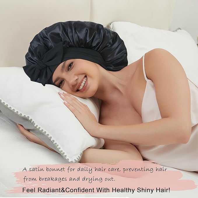 Satin Bonnet with Tie Band,Silk Hair Bonnet for Sleeping Women,Bonnets for Women,Double Layer Sleep Cap for Braids Curly Hair
