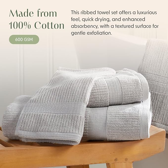 Springtree Home Grey Bath Towels Set of 4 | Ribbed Textured | 100% Combed Cotton | Absorbent Quick-Dry Gray Towels for Bathroom | Oeko-TEX® Standard 100 Cotton | Mauro Collection - High Rise Grey