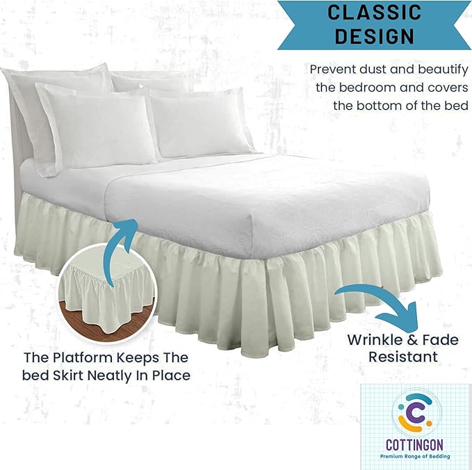 Cottingon Ruffled Bed Skirt with Split Corners-Dust Ruffle - 16" Drop 100% Microfiber Soft,Sheen & Luxurious Look - Bed Skirts (Ivory -King)