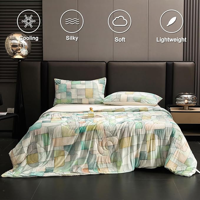 Cyusri Print Cooling Comforter Set 3Pcs Breathable Cool King Size Bedding Set with 2 Pillowcases Green Geometric Pattern Silky Cold Quilt, 108"x90"
