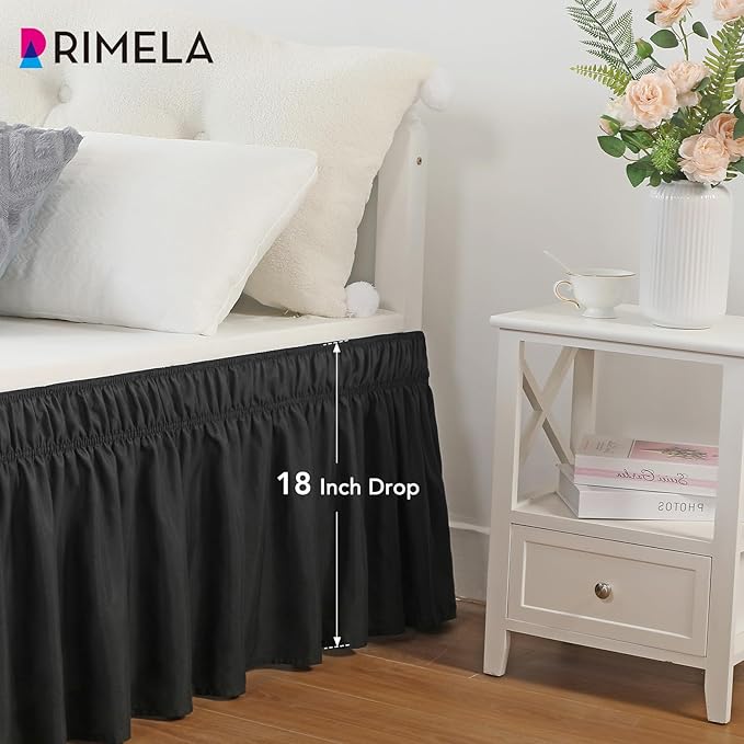 RIMELA Black Bed Skirt Full Size 18 Inch Drop, Elastic Bed Skirting for Bed Base and Frame, Bedding Dust Ruffle Easy to Install, Lightweight Wrap Around Adjustable Bedskirt