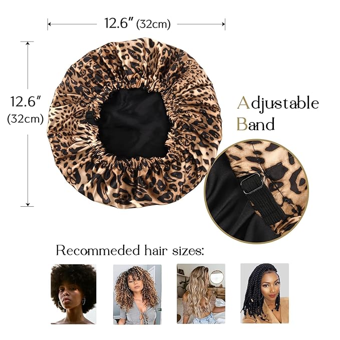 YANIBEST Adjustable Silk Bonnet Double Layer Satin Bonnet Hair Bonnet for Sleeping Bonnets for Women Hats Curly Natural Hair, Bold Cheetah