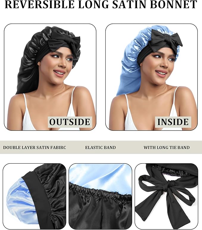 AWAYTR Long Satin Bonnet for Sleeping - Double Layer Reversible Silk Bonnet for Long Hair Women Sleeping Cap with Tie Band