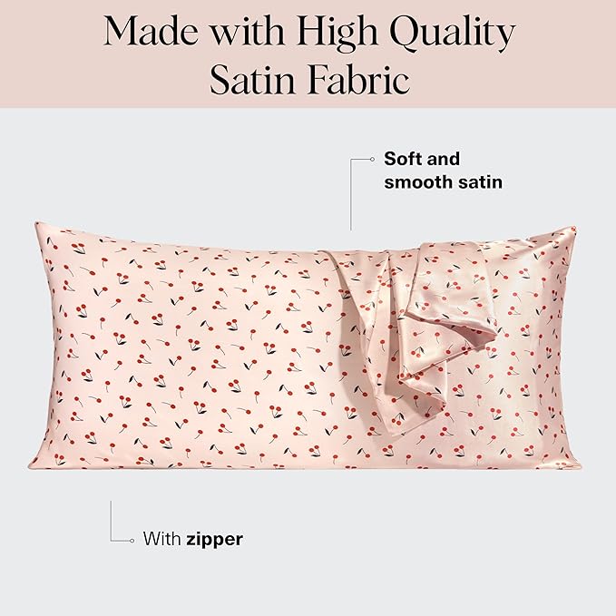 Kitsch Satin Pillowcase, Softer Than Silk Pillow Cases King, Cooling Pillow Covers, Satin Pillowcase with Zipper for Hair, Skin & Quality Sleep, Wrinkle-Free & Smooth, King Size 19"x36", Cherry Print
