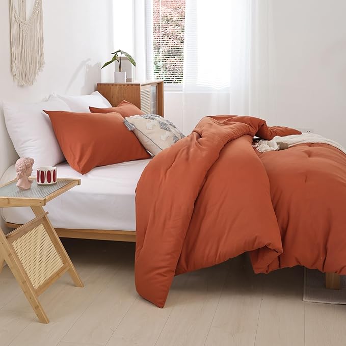 ROSGONIA Full Size Comforter Sets for Girls Boys Teens Burnt Orange,3pcs(1 Boho Comforter & 2 Pillowcases) Terracotta Dorm Bedding Kids Comforter Sets