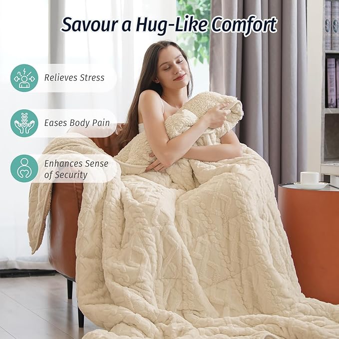 Wemore Weighted Blanket for Adults Twin Size 15 lbs, Dual Sided Soft Fuzzy Jacquard Sherpa Weighted Blankets for Sleeping, Cozy Fluffy Knitted Heavy Blanket for Couch Bed, Khaki, 60 x 80 inches