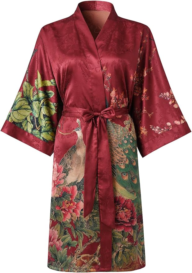 Ledamon Women's Kimono Short Robe - Classic Floral Bathrobe Nightgown