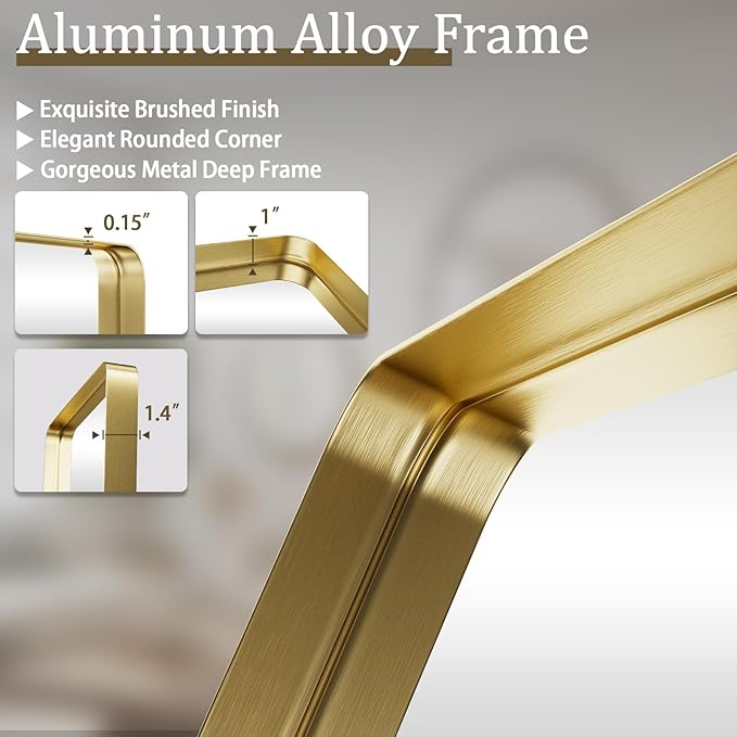 VooBang Bathroom Mirror 30x56 inch, Golg Gorgeous Deep Frame Wall Mirror with Shatterproof Tempered Glass, Modern Bathroom Vanity Mirror for Over Sink Hanging Horizontal or Vertical, Gold