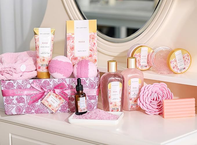Spa Luxetique Spa Gift Baskets for Women, 12 Pcs Rose Presents Set with Bubble Bath, Bath Bombs, Body Lotion, Hand Cream, Christmas Gift Basket for Mom