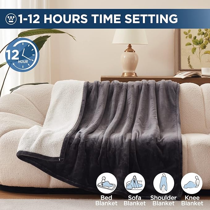Westinghouse Electric Blanket Twin, Heated Blanket Twin Size with 10 Heating Levels and 1 to 12 Hours Heating Time Settings, Flannel to Sherpa Reversible, Machine Washable (62" x 84", Charcoal)