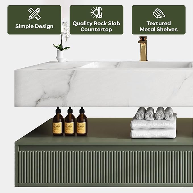 Floating Vanity for Bathroom, 52" Green Bathroom Vanity Set with LED Defog Mirror and Side Medicine Cabinet, Wall Mount Bathroom Storage Cabinet with Glass Door, Single Sink Bath Vanities - Green