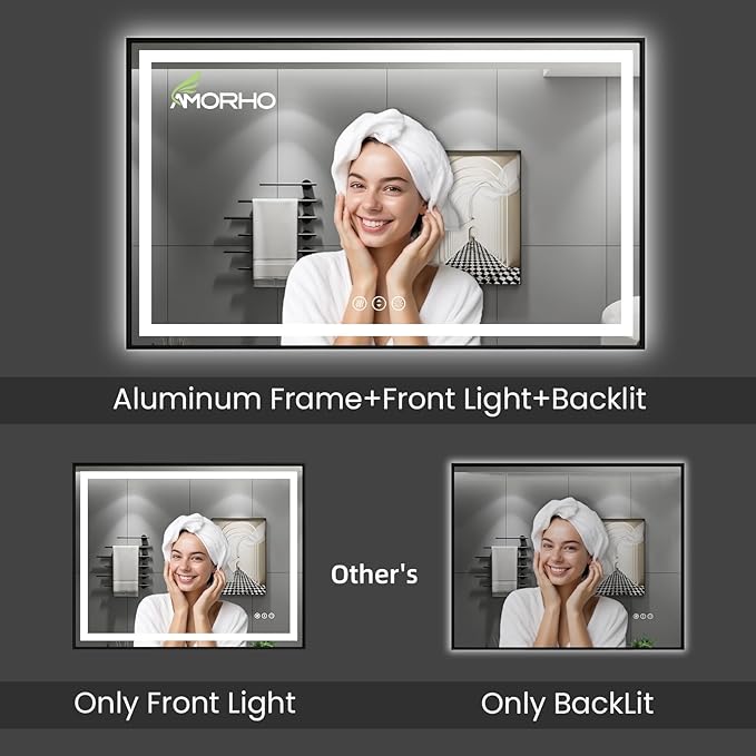 Amorho 84"X40" LED Bathroom Mirror Framed, Front Light and Backlit, Stepless Dimmable, Anti-Fog, Shatter-Proof, Memory, 3 Colors, Double LED Vanity Mirror
