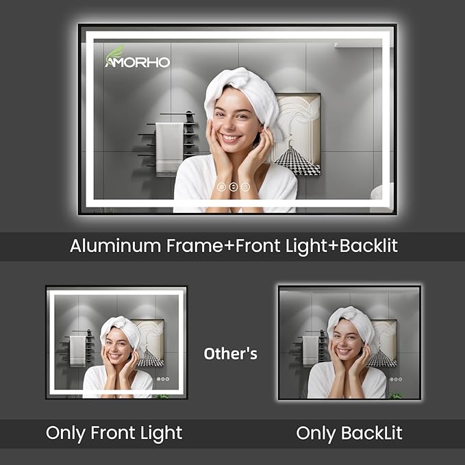 Amorho 36" X32" LED Bathroom Mirror with Black Frame, Front Light and Backlit, Stepless Dimmable, Anti-Fog, Shatter-Proof, Memory, 3 Colors, Double LED Vanity Mirror