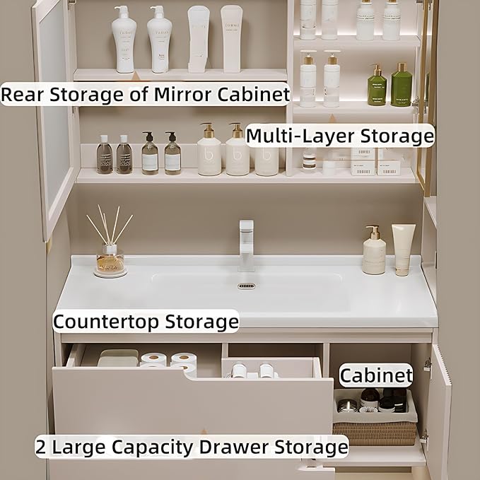 Cream Grey Sophisticated Bathroom Vanity - Bathroom Vanity with Smart Storage & Mirror Cabinet, Defogging, LED Light | Wall-Mounted Bathroom Storage Cabinet & Bathroom Vanity with Sink (Grey, 44IN)