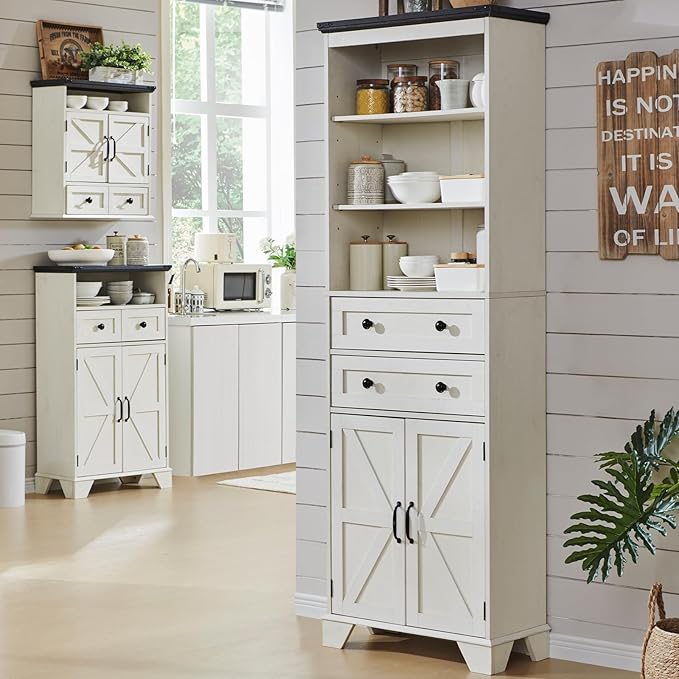 ACCOHOHO Farmhouse Tall Bathroom Storage Cabinet, 72" Storage Cabinet with 2 Drawers, Adjustable Shelves & Barn Door, Cabinet for Bathroom, Living Room, Kitchen, Off White
