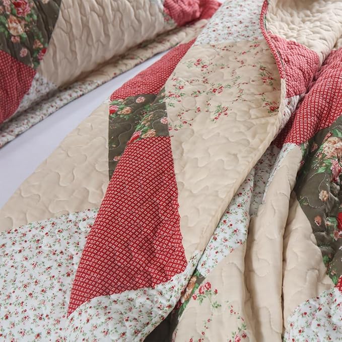 ENASAL Cotton Bedspread Quilt Bedding Sets Reversible Coverlet Sets Comforters Rose Floral Purple White Patchwork Pattern Bedspread for All Season, King Size