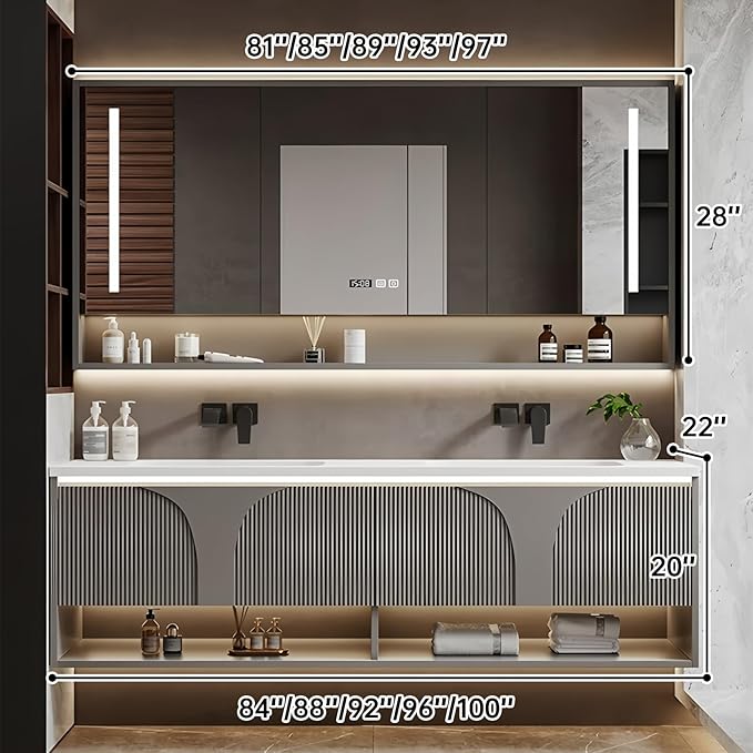 Double Bathroom Vanity with Sink, 92IN Floating Bathroom Vanity Set with LED Smart Defogging Mirror Cabinet and Open Shelf, Oak Wood Bathroom Cabinet with Two Drawers and Bottom Open Storage (Grey)