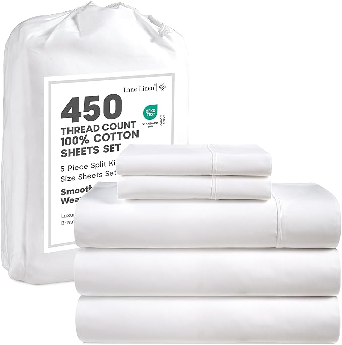 LANE LINEN Split King Sheets Set – 450 Thread Count 100% Cotton Bed Sheets, Soft Sateen Weave, Cooling & Breathable, 15” Deep Pocket Fully Elasticized Fitted Sheet, Luxury Hotel Bedding, White