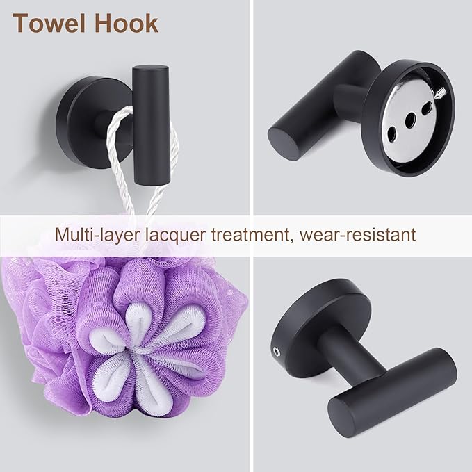 4-Piece Matte Black Bathroom Accessories Hardware Set,Include Double Post Pivoting Toilet Paper Holder,Towel Ring and 2 Towel Hooks